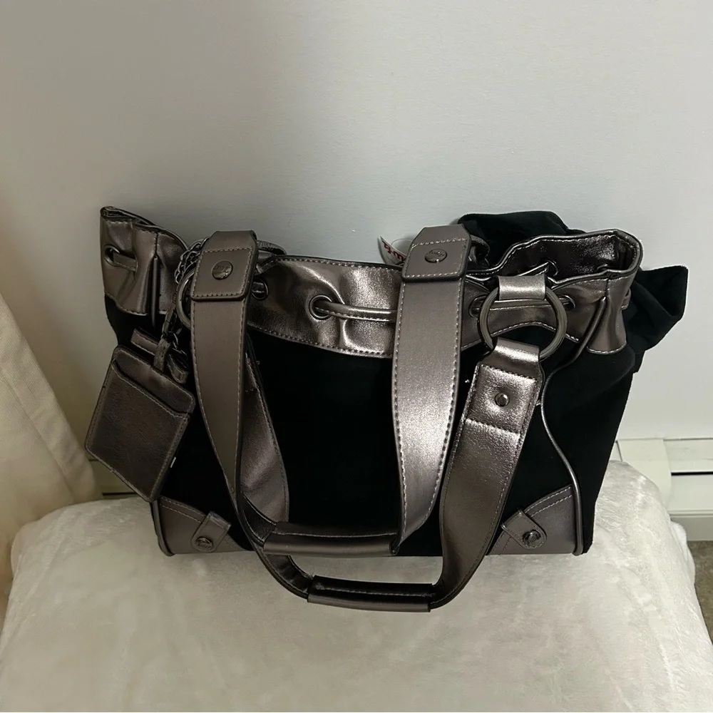 NWT Juicy Couture Black Velour Daydreamer Bag Metallic Pewter Trim